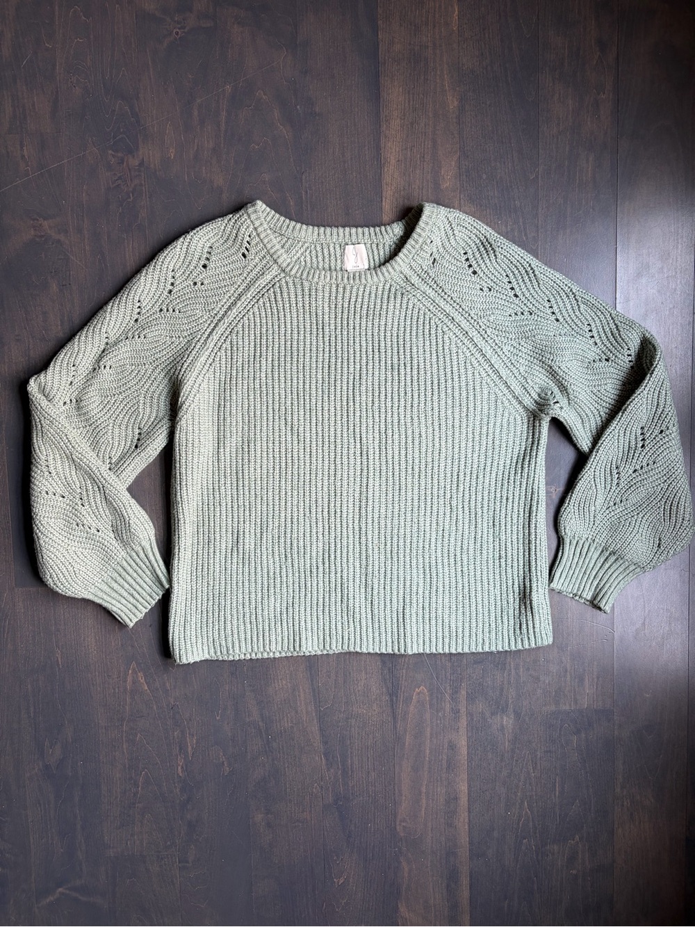 Joie Sage Green Openwork Sleeve Crewneck Sweater Size XL